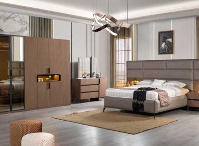 Braune Schlafzimmer Holz Möbel Textilbett Nachttische Kommode Schrank